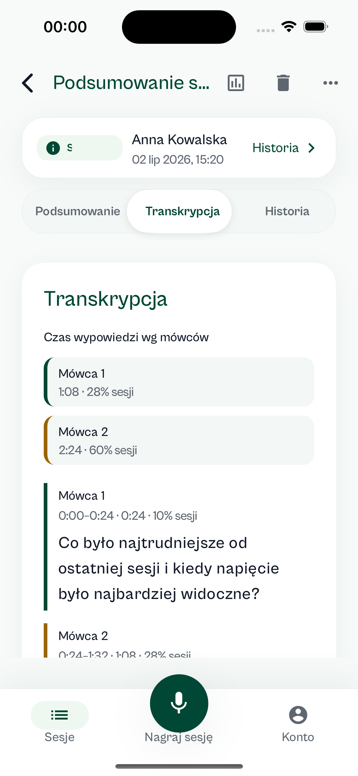 Nagranie, transkrypcja i szkic notatki sprawdzane przez terapeutę.